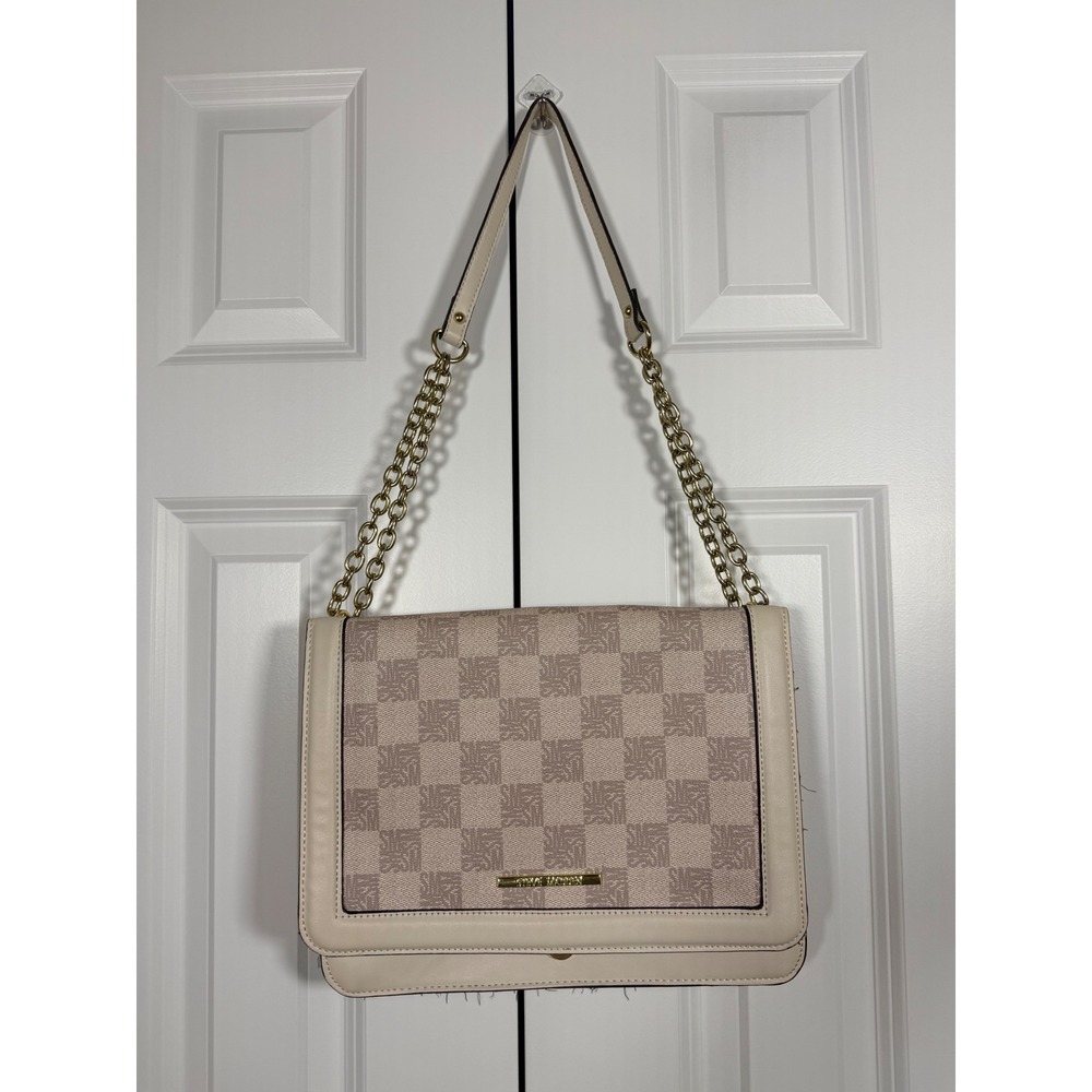 Steve Madden Monogram Checkered Shoulder Bag Cream Tan Gold Chain Strap